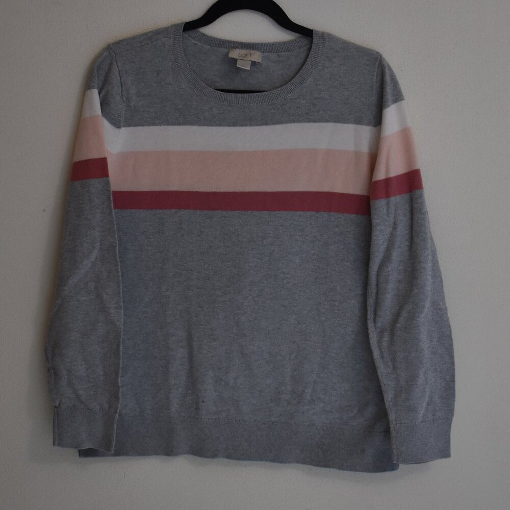 LOFT 100% Cotton Women Long Sleeve Striped Sweater Size Large Gray, Pink, White